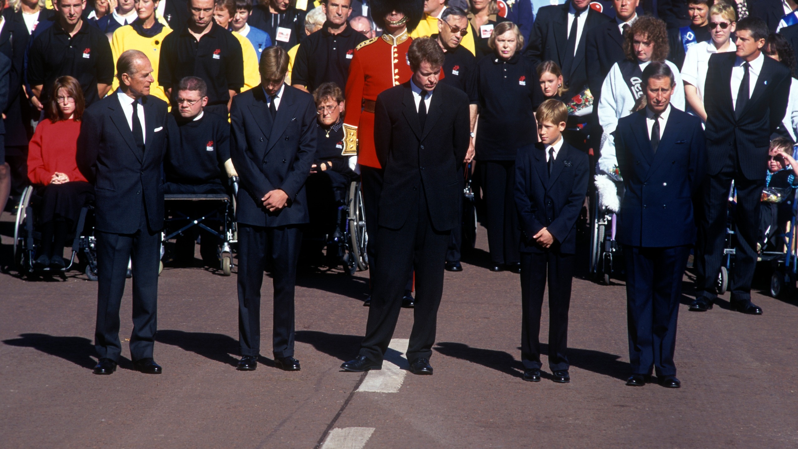 Prince Philip, King Charles, Prince Harry, Earl Spencer and Prince William stand on the day of Princess Diana's funeral, 6th September 1997