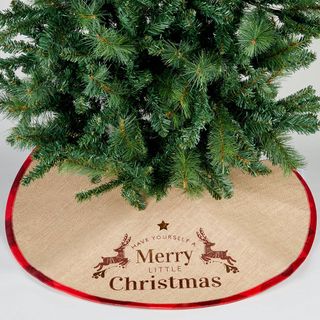 Sack fabric Christmas tree skirt with words ‘Have yourself a Merry Little Christmas'