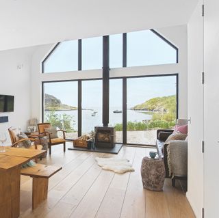 white living room with huge window and view over loch