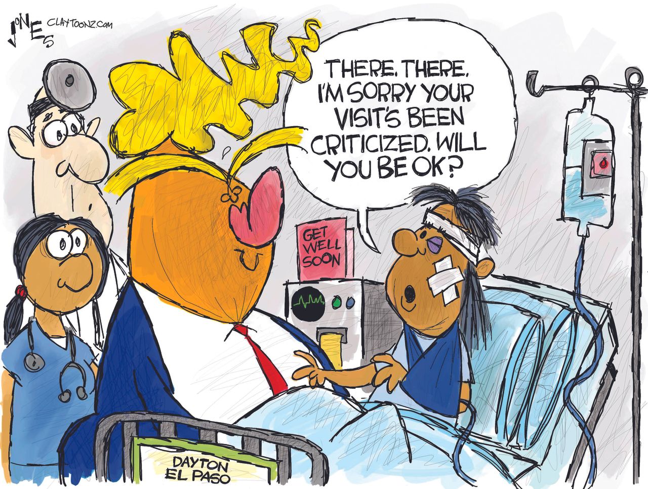 Political Cartoon U.S. Trump Visiting Shooting Victim Criticism