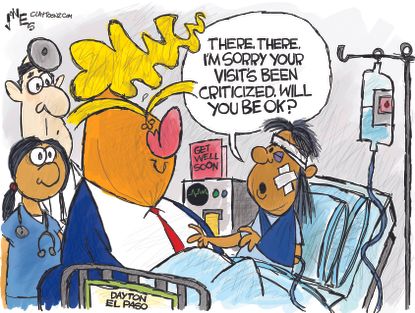 Political Cartoon U.S. Trump Visiting Shooting Victim Criticism