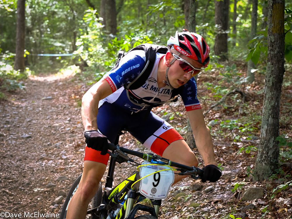David Flatten (US Military Endurance) rounding a corner at the 24-mile mark.