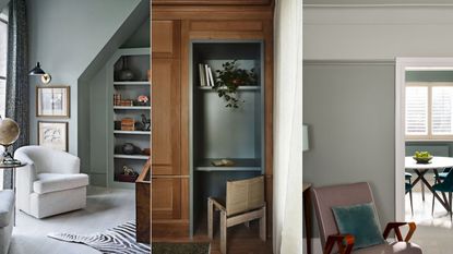 home office, library room and living room painted in a gray-green paint 