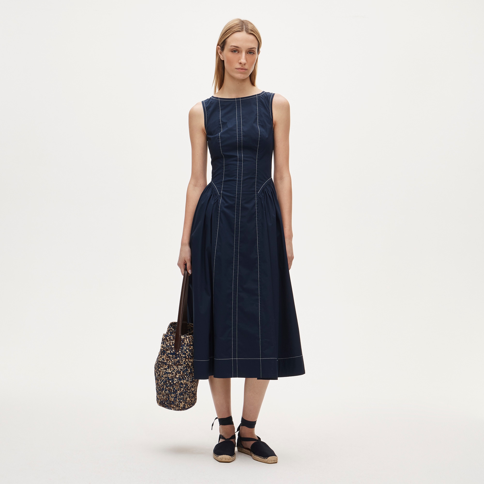Contrast-Stitch Midi Dress in Cotton-Blend Poplin