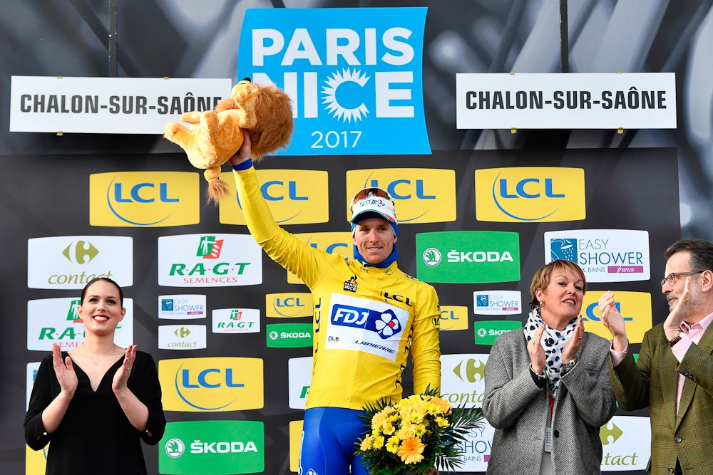 Arnaud Demare in yellow after stage 3 at Paris-Nice