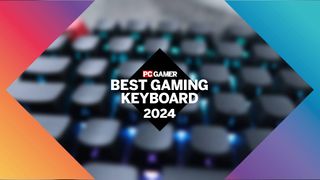 The keys of the Keychron Q3 Max appear blurry behind a clearer frame that carries the words 'PC Gamer. Best Gaming Keyboard 2024.'