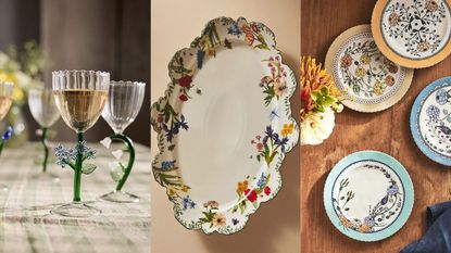A three panel image of Anthropologie spring tablescape decor