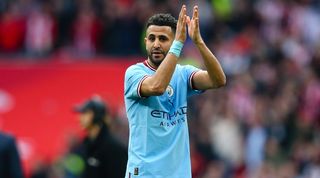 Riyad Mahrez appluads the Manchester City fans at Wembley after their 3-0 win over Sheffield United in the FA Cup semi-finals in April 2023.