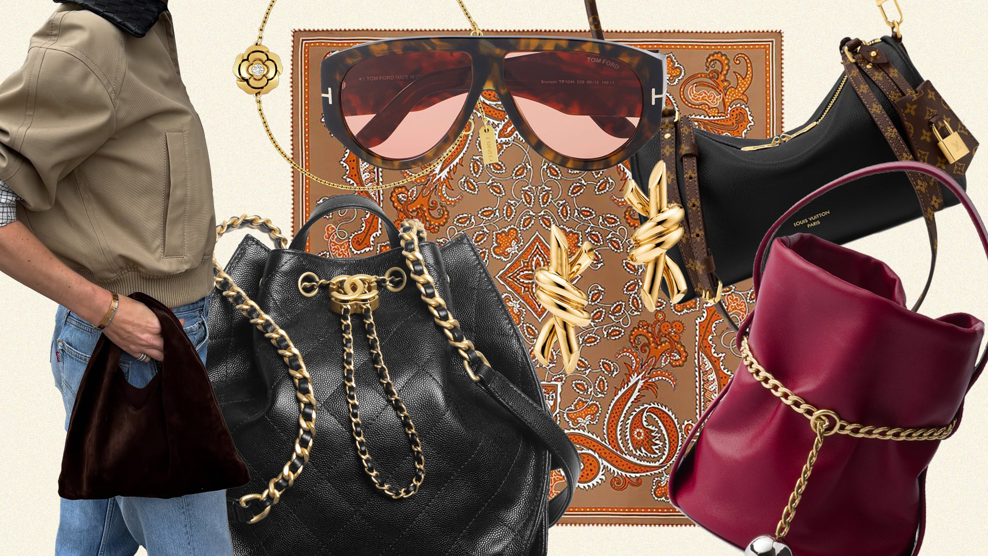 Collage of luxury shopping items.