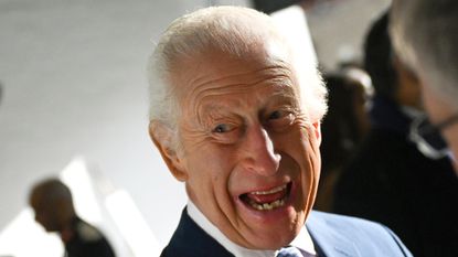 King Charles headshot wearing a blue suit and laughing