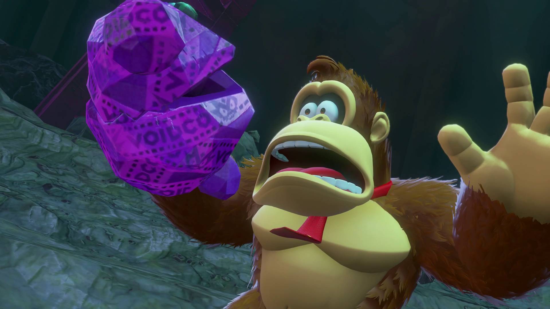 Donkey Kong Bananza DK screaming as the purple rock comes to life