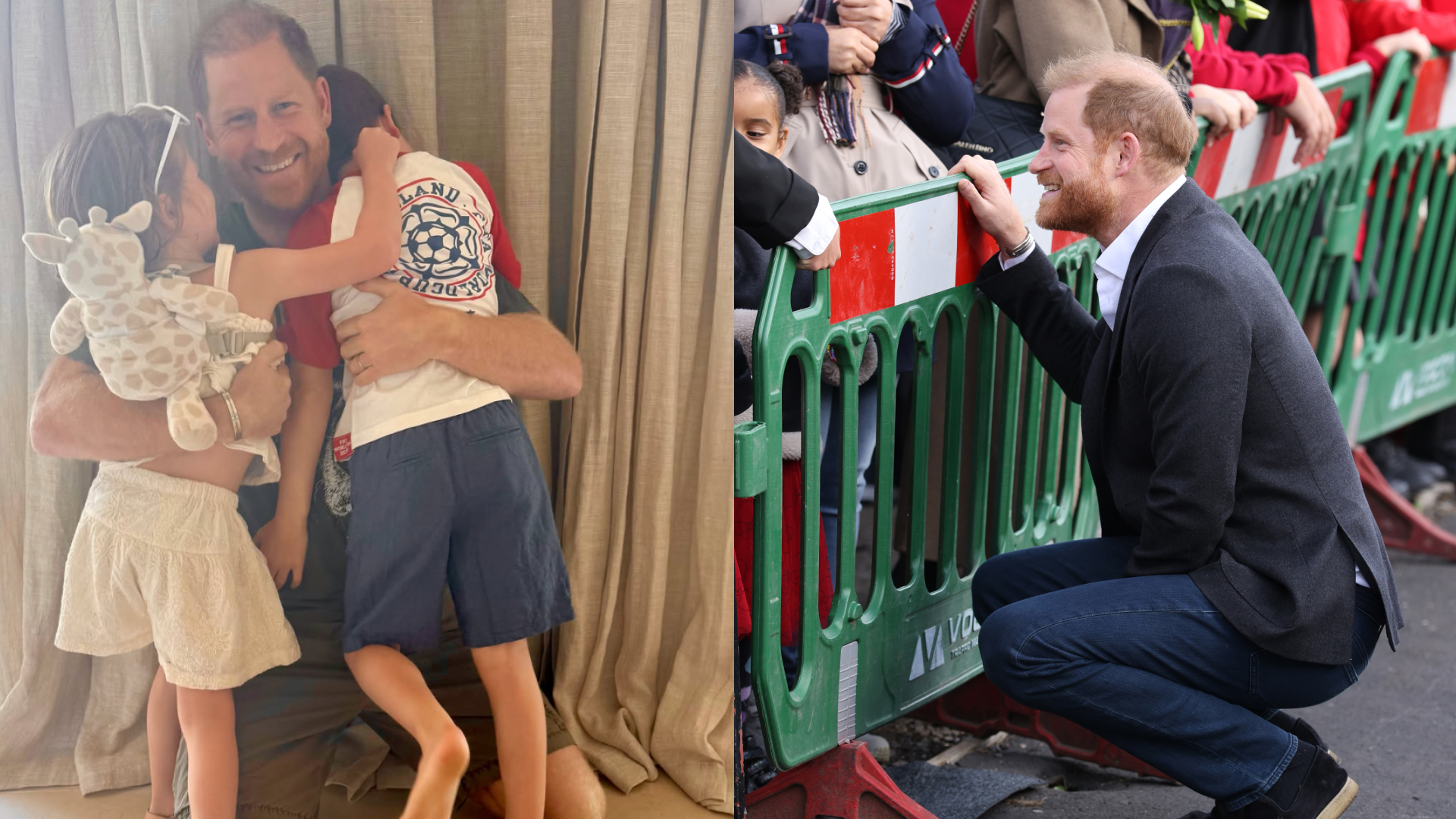 A split of Prince Harry hugging Princess Lilibet and Prince Archie and Harry kneeling in front of a barrier talking to fans