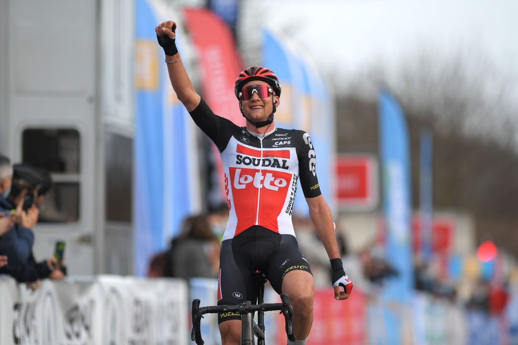 BESSGES FRANCE FEBRUARY 05 Arrival Tim Wellens of Belgium and Team Lotto Soudal Celebration during the 51st toile de Bessges Tour du Gard 2021 Stage 3 a 1548km stage from Bessges to Bessges EDB2020 on February 05 2021 in Bessges France Photo by Luc ClaessenGetty Images