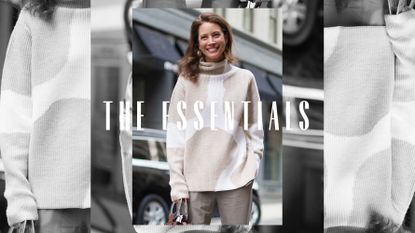 A woman wearing a heavy wool sweater. Overlaid text reads, &quot;The Essentials&quot;