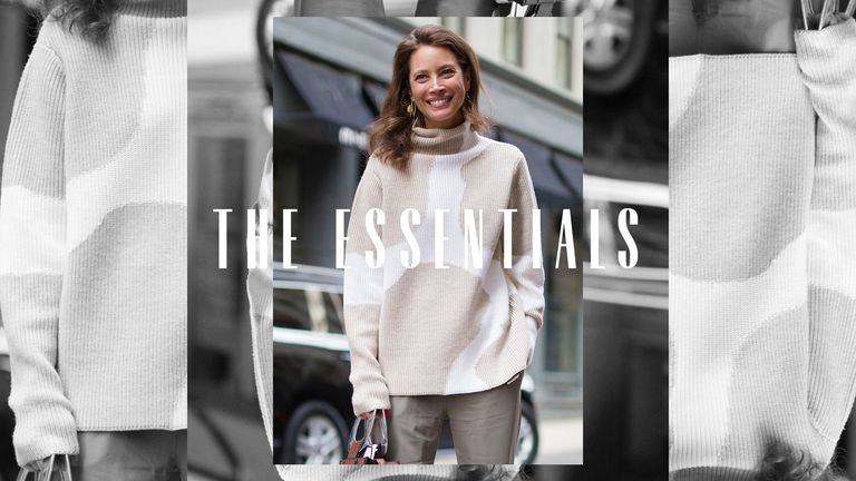 A woman wearing a heavy wool sweater. Overlaid text reads, "The Essentials"