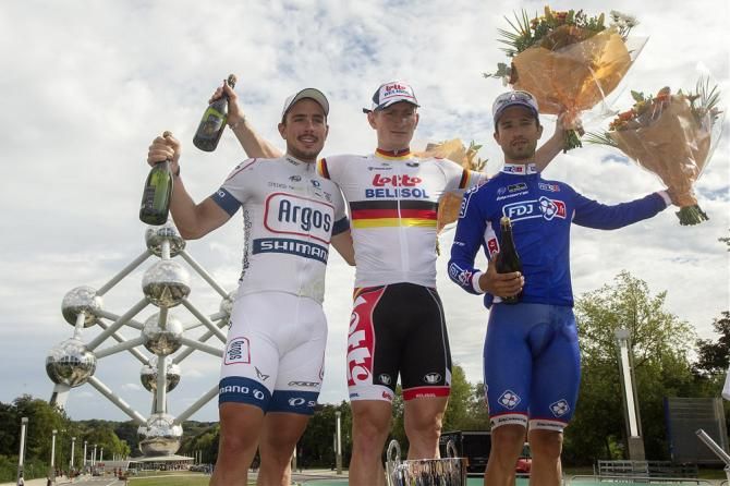 2013 Brussels Cycling Classic podium (L-R): John Degenkolb, Andre Greipel and Nacer Bouhanni