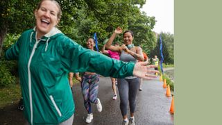 Women running along in a line together, part of a run club, wearing active clothes