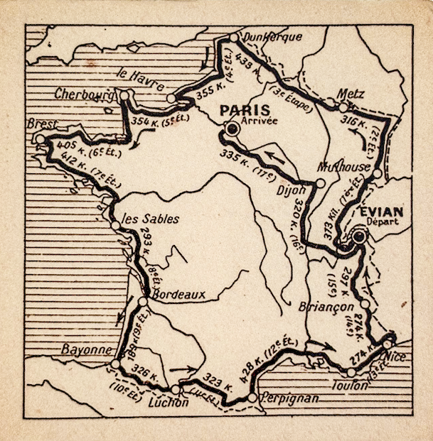 Map of the 1926 Tour route - which covered the entire perimeter of the country