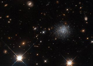 A dwarf galaxy known as LEDA 677373 is located 14 million light-years from Earth and is unable to form new stars, due to a nearby giant spiral galaxy called Messier 83 stealing its reservoir of gas.