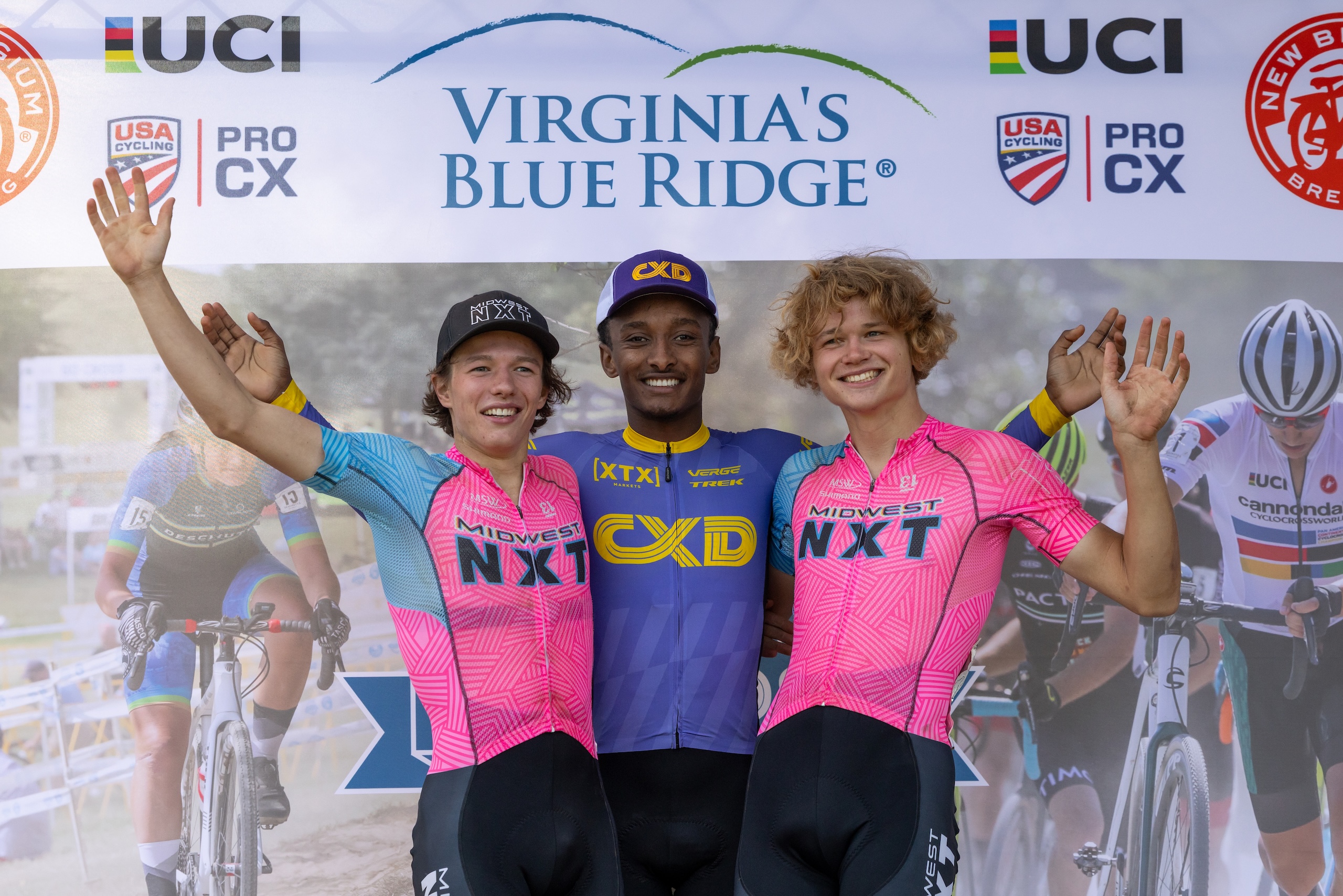 Virginia's Blue Ridge GO Cross day 2 Elite men podium (l-r): second-place Ethan Brown (Midwest NXT), winner Tofik Beshir (CXD Trek Bikes), and third-place Calvin Conaway (Midwest NXT)