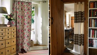 two images side by side showing door curtains making a home cosy