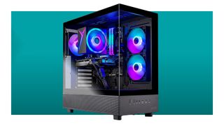 An image of a Skytech Azure desktop gaming PC against a teal background with a white border