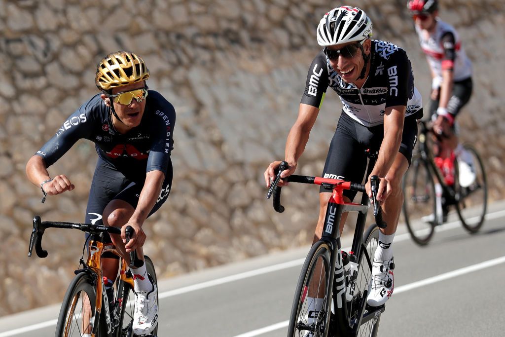 Fabio Aru jokes with Richard Carapaz during stage 7 of the 2021 Vuelta a España