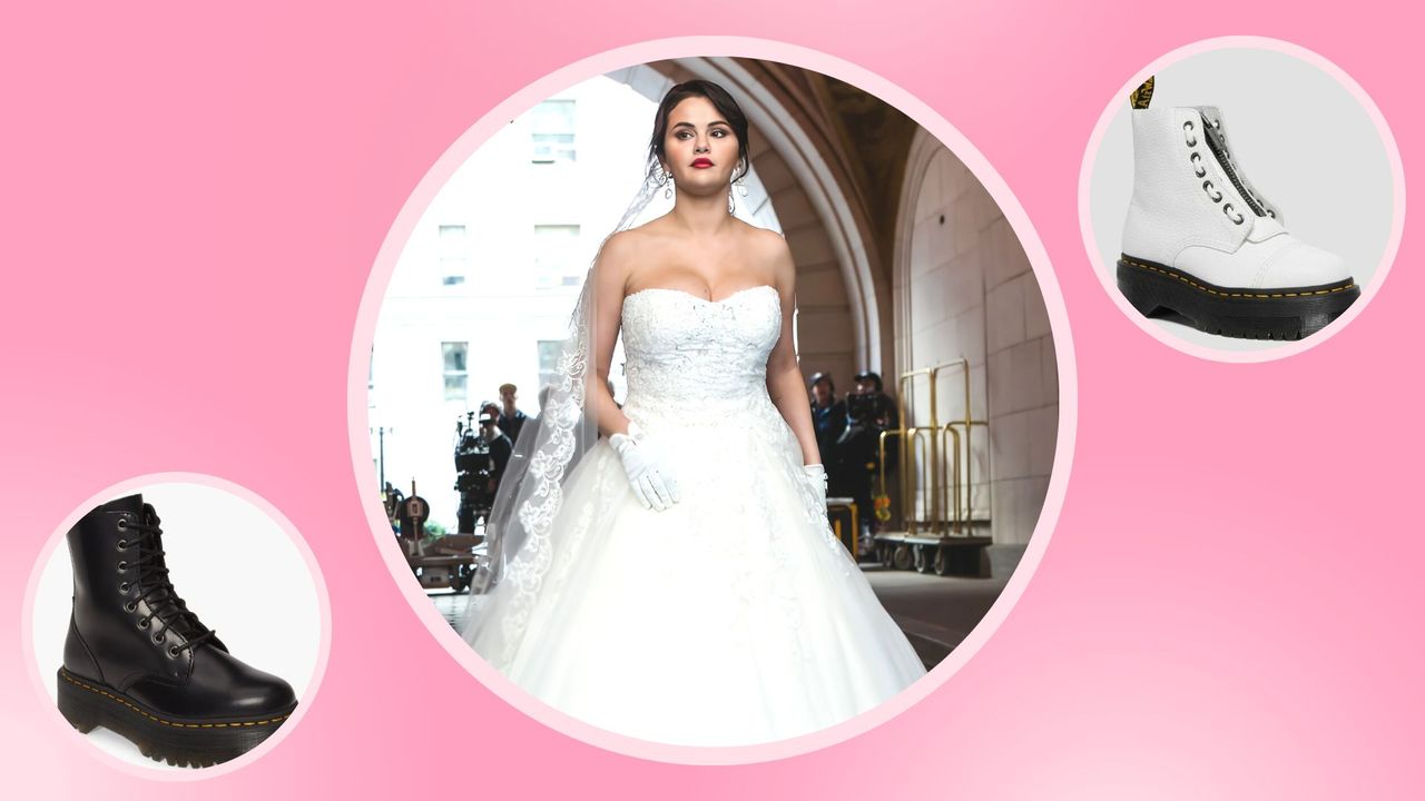 Selena Gomez boots and formalwear: Selena Gomez is seen filming &quot;Only Murders in the Building&quot; while wearing a wedding dress in the Upper West Side on March 21, 2023 in New York City/ alongside two product images of Dr Marten boots in a pink template