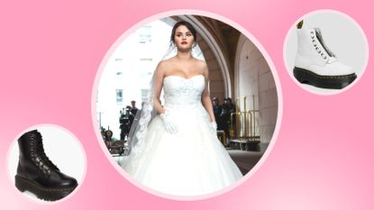 Selena Gomez boots and formalwear: Selena Gomez is seen filming "Only Murders in the Building" while wearing a wedding dress in the Upper West Side on March 21, 2023 in New York City/ alongside two product images of Dr Marten boots in a pink template