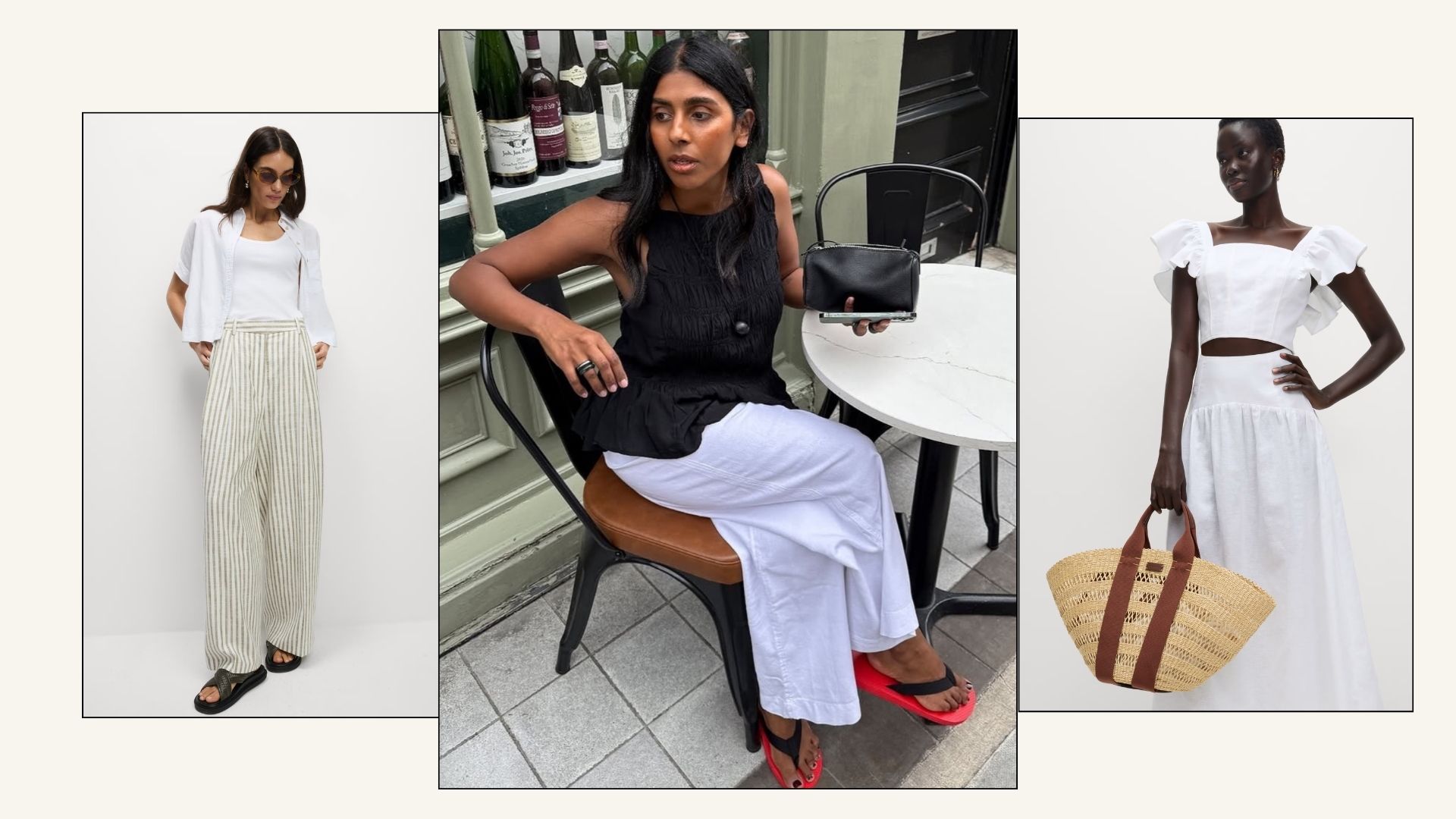 woman wearing linen outfit alongside two studio models wearing linen skirt and top and linen trousers