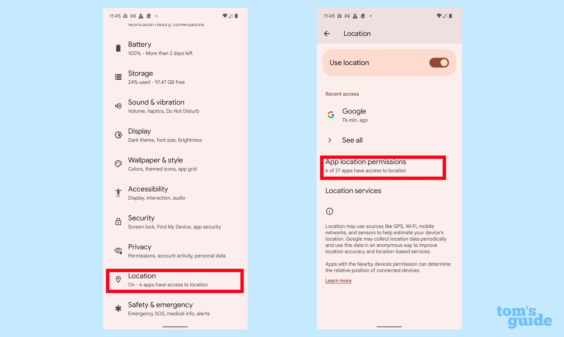 Smartphone location permissions on an Android 12 phone