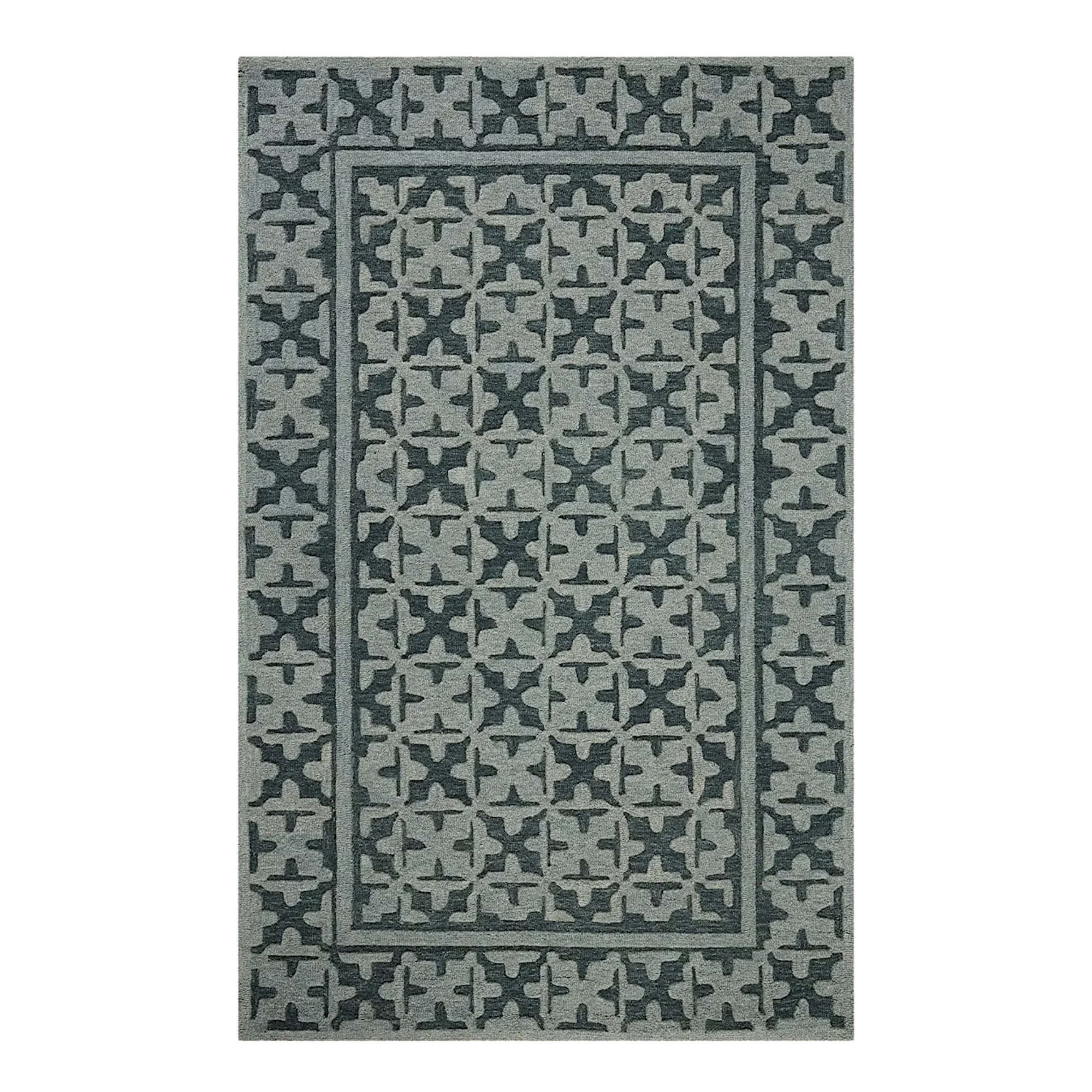 a rug with a repetitive dark blue and light blue motif