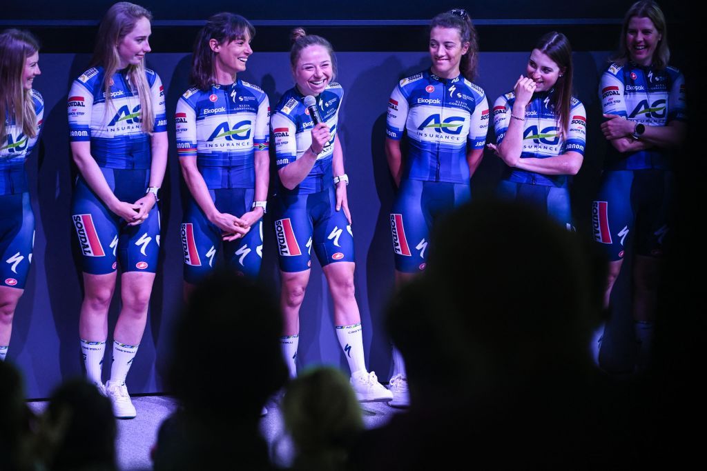 AG Insurance Soudal QuickStep Ashleigh MoolmanPasio and AG Insurance Soudal QuickStep Justine Ghekiere pictured during the presentation of the 2023 roster of the AG Insurance Soudal QuickStep womens cycling team Thursday 23 February 2023 in Brussels BELGA PHOTO TOM GOYVAERTS Photo by Tom Goyvaerts BELGA MAG Belga via AFP Photo by TOM GOYVAERTSBELGA MAGAFP via Getty Images
