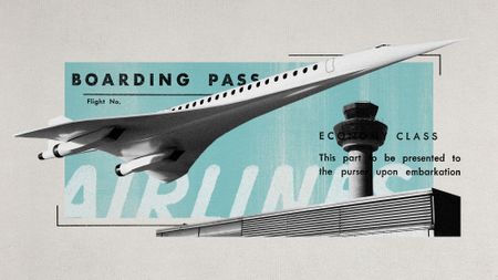 Photo collage of a hypersonic jet, an air traffic control tower and vintage flight ticket elements