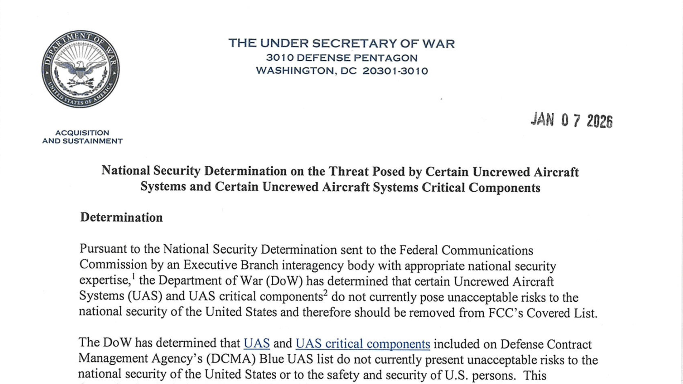 Screenshot of the "National Secuity Determination on the Threat Posed by Certain Uncrewed Aircraft Systems and Certain Uncrewed Aircraft Systems Critical Components" document