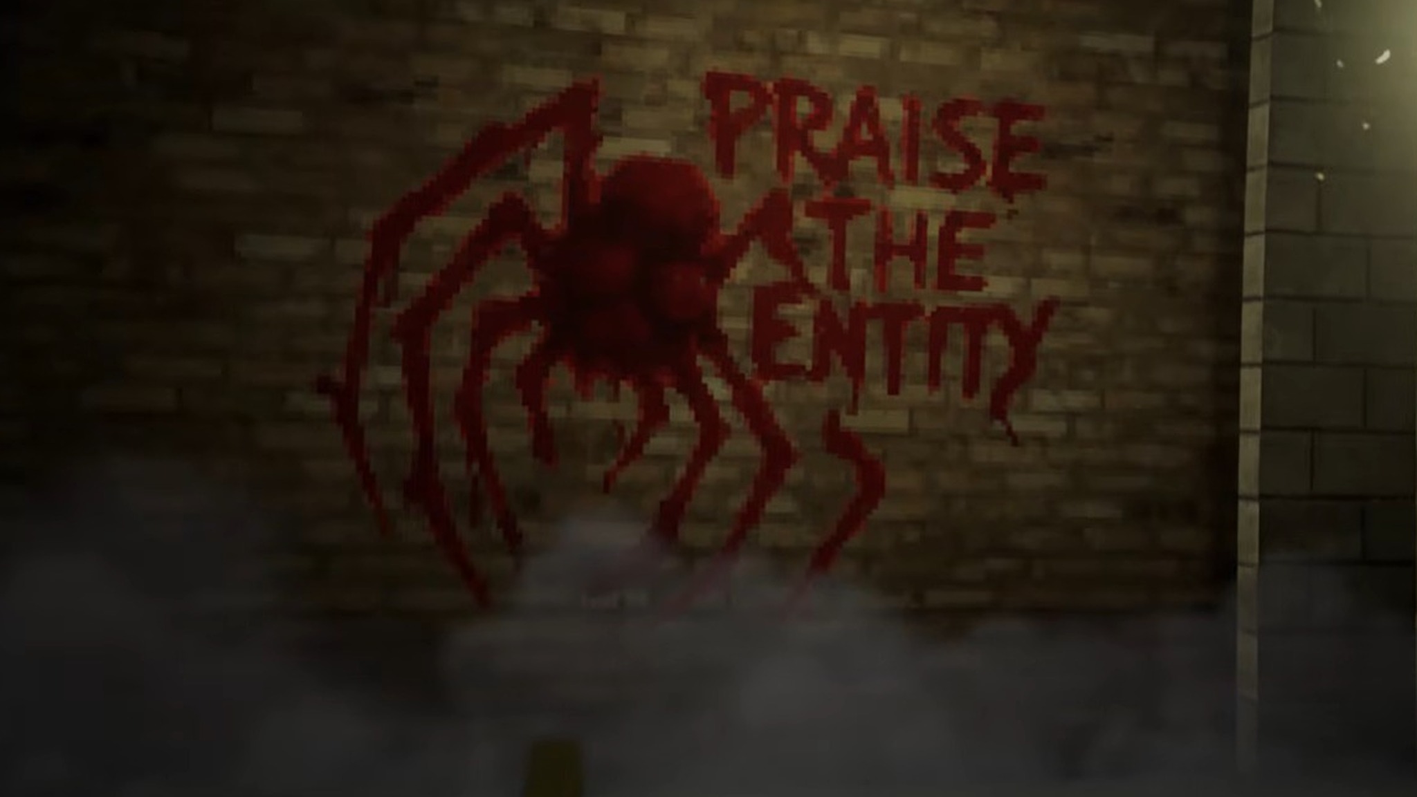 A red spider illustration with the text 'PRAISE THE ENTITY' on a brick wall, surrounded by mist.