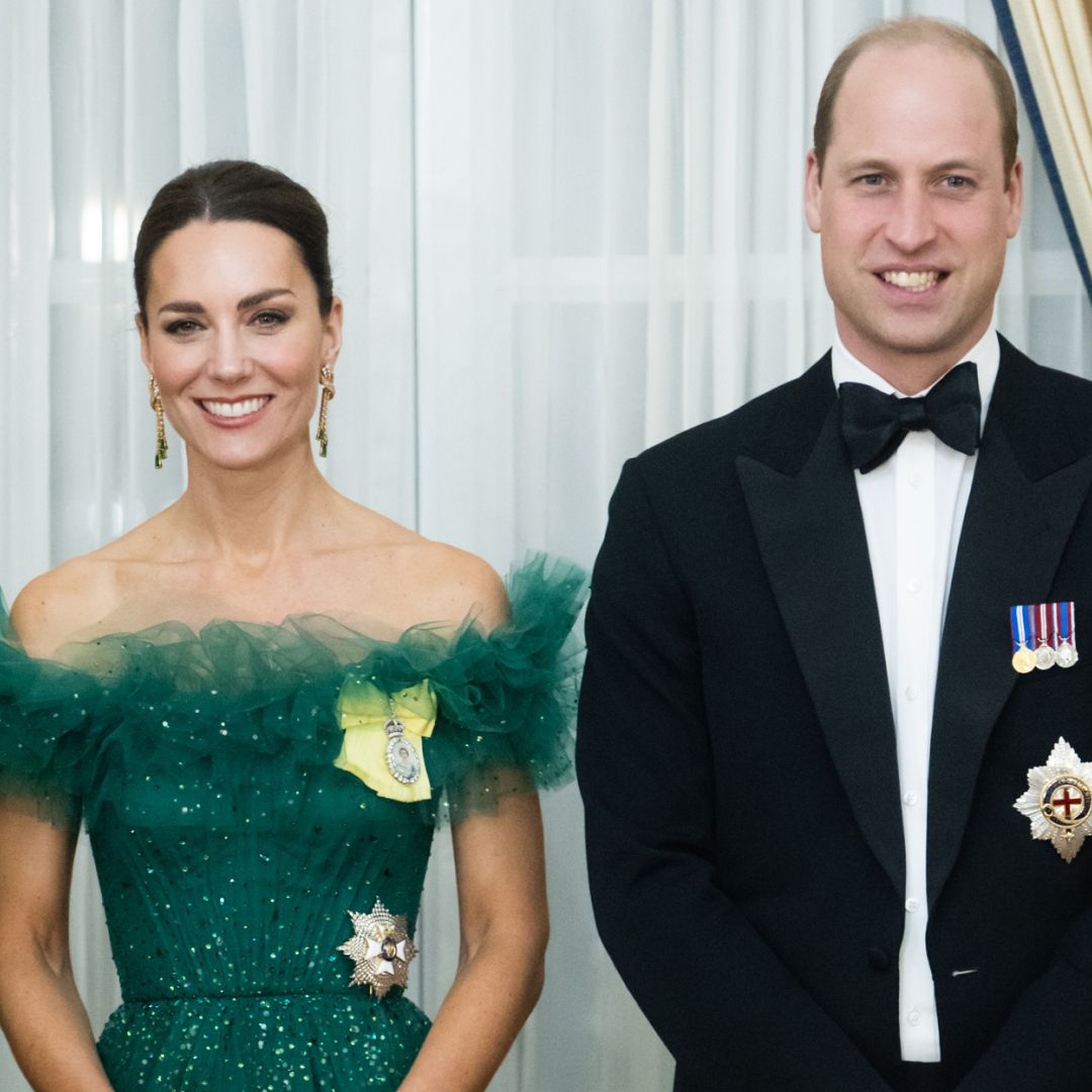 Kate Middleton wears a green ball gown to attend a dinner hosted by the Governor General of Jamaica at King&#039;s House on March 23, 2022