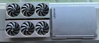 the left pictured are two graphic cards, the right shows a legion laptop