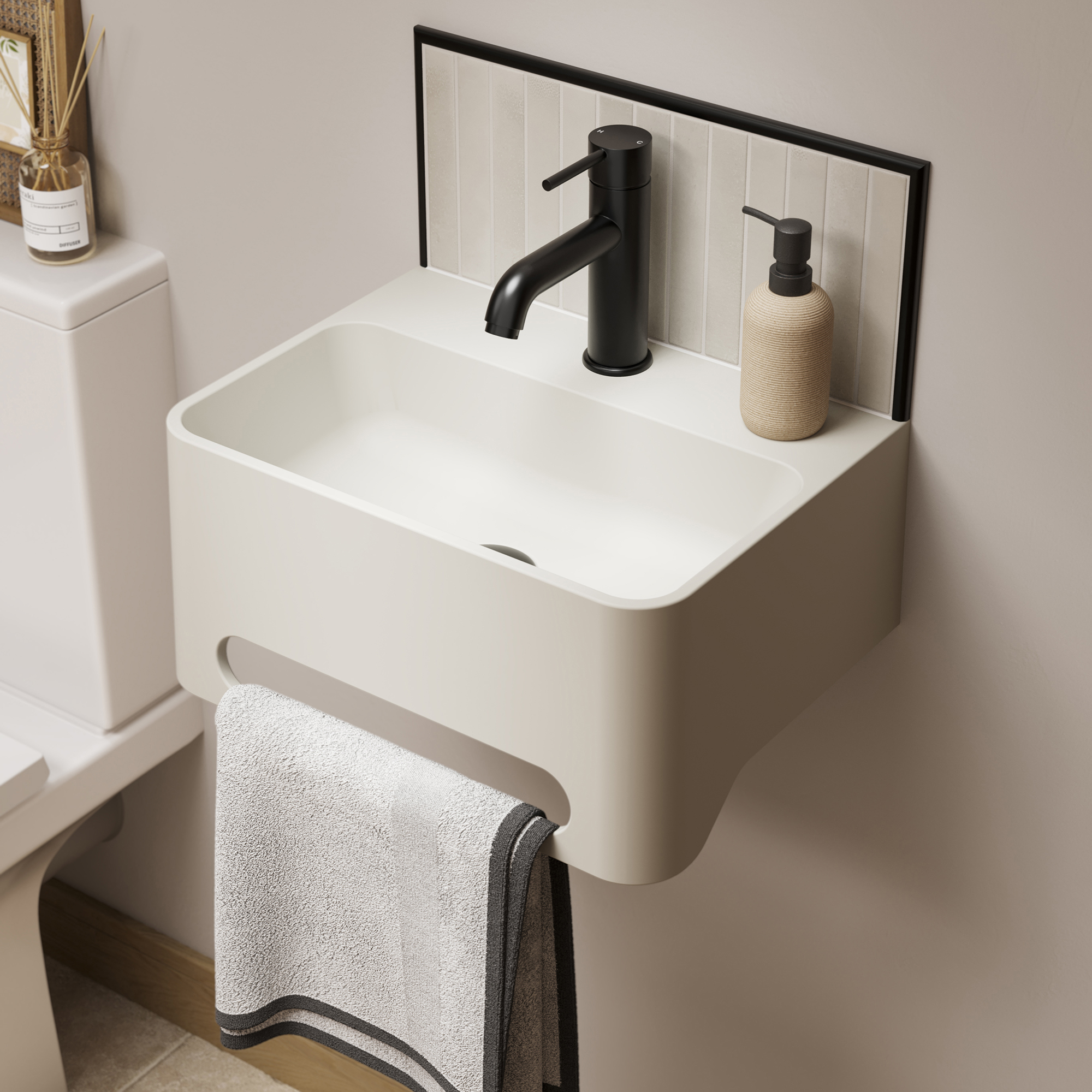 Aqua basin on wall in bathroom