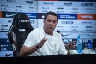 Vanderlei Luxemburgo gestures during a press conference after returning as manager of Corinthians, 2023