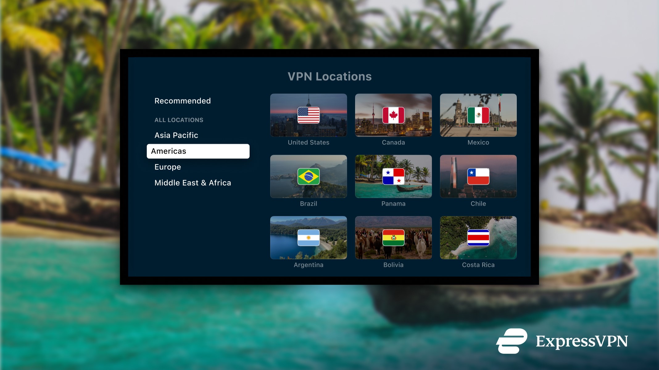 Меню расположения серверов новых приложений Smart TV ExpressVPN