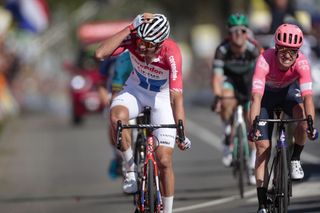 Mathieu van der Poel in disbelief as he crosses the line