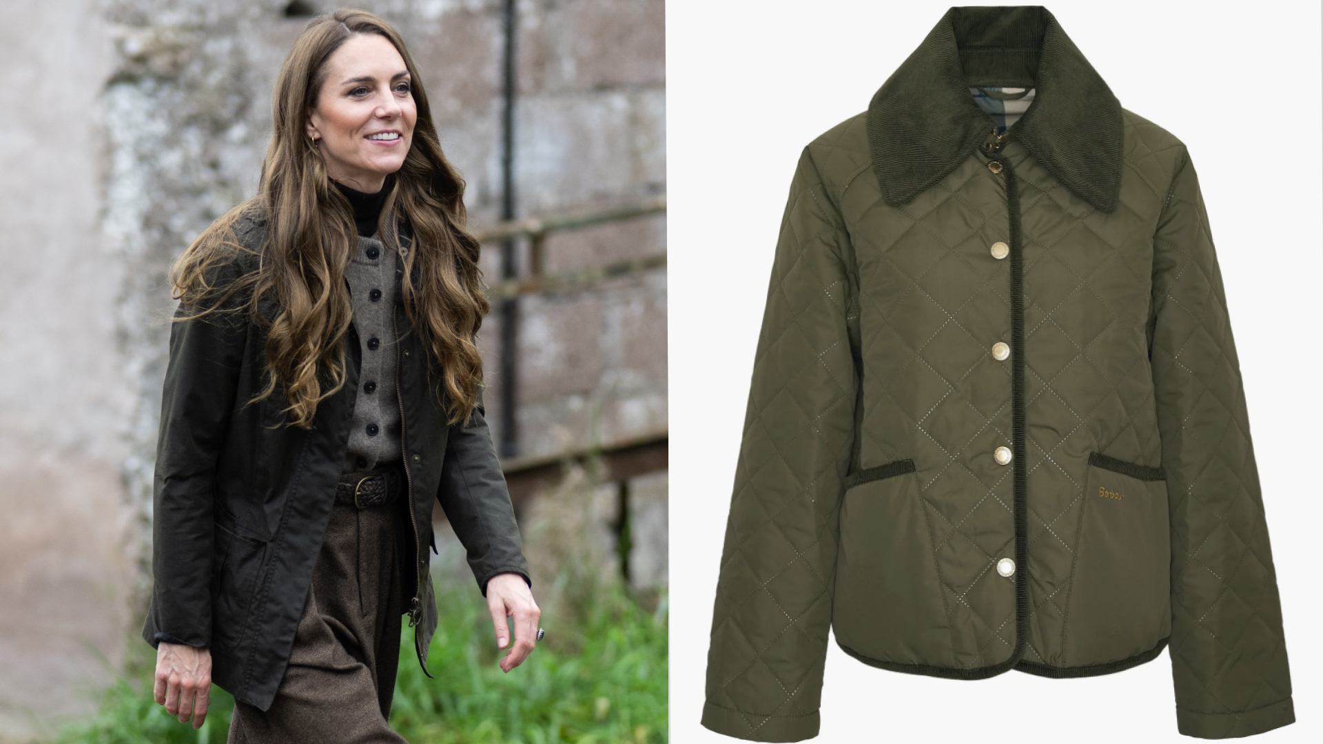 A split image of Princess Kate wearing a fall jacket walking in front of a stone building and a green Barbour jacket
