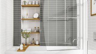 Modern tiled bathroom with alcove storage