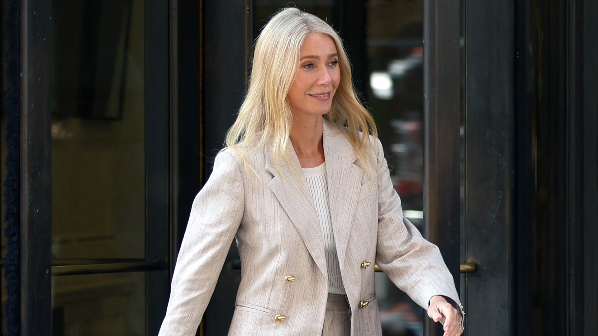 Gwyneth Paltrow was spotted in New York wearing suede slingback pumps