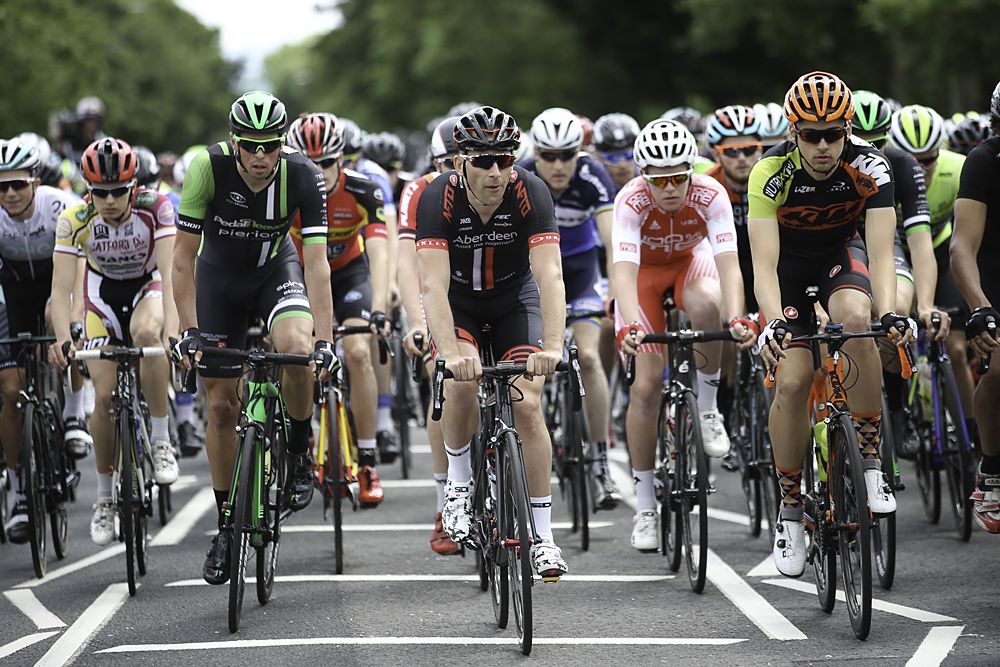 The peloton rolls out of Stockton.