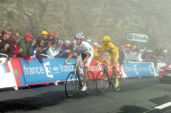 Contador and Schleck approach the finish line on the Tourmalet.