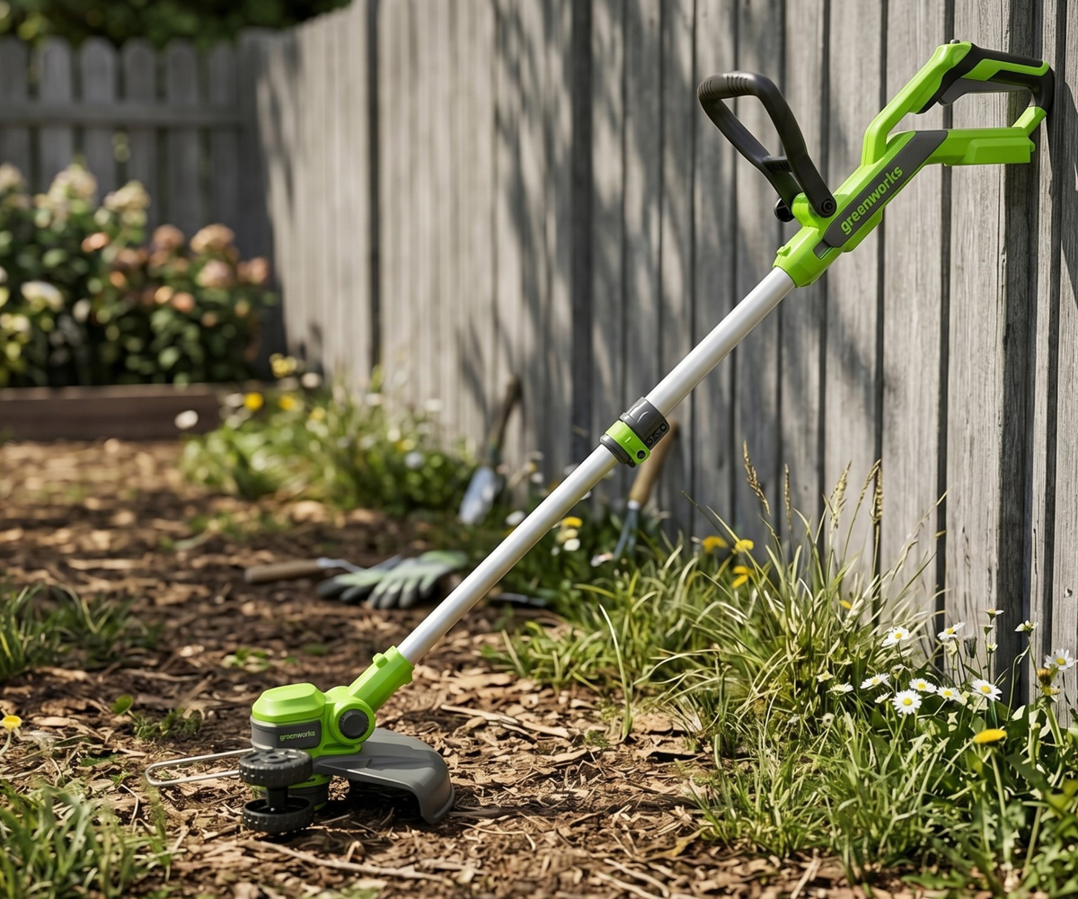 Greenworks G40LT33 40V Cordless Strimmer resting against a wooden fence in a garden