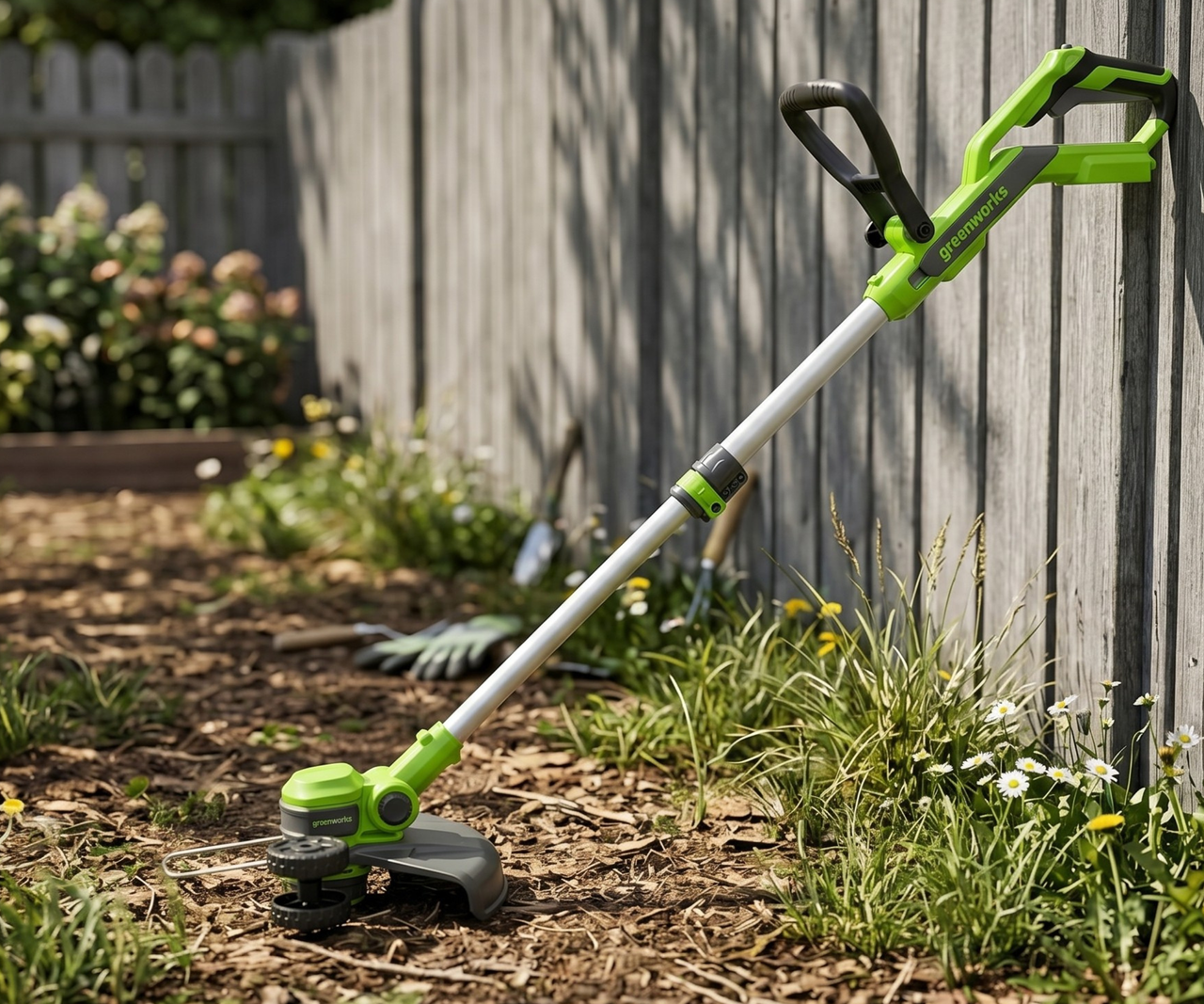 Greenworks G40LT33 40V Cordless Strimmer resting against a wooden fence in a garden