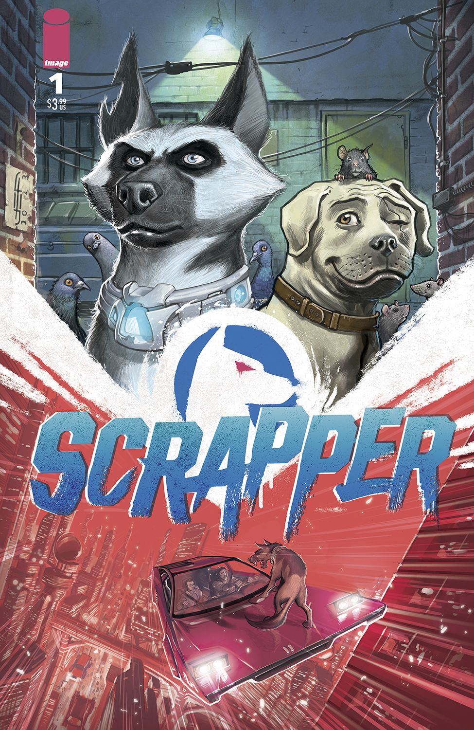 At the top of the picture two dogs look on proudly. In the bottom half a dog stands on a flying car.